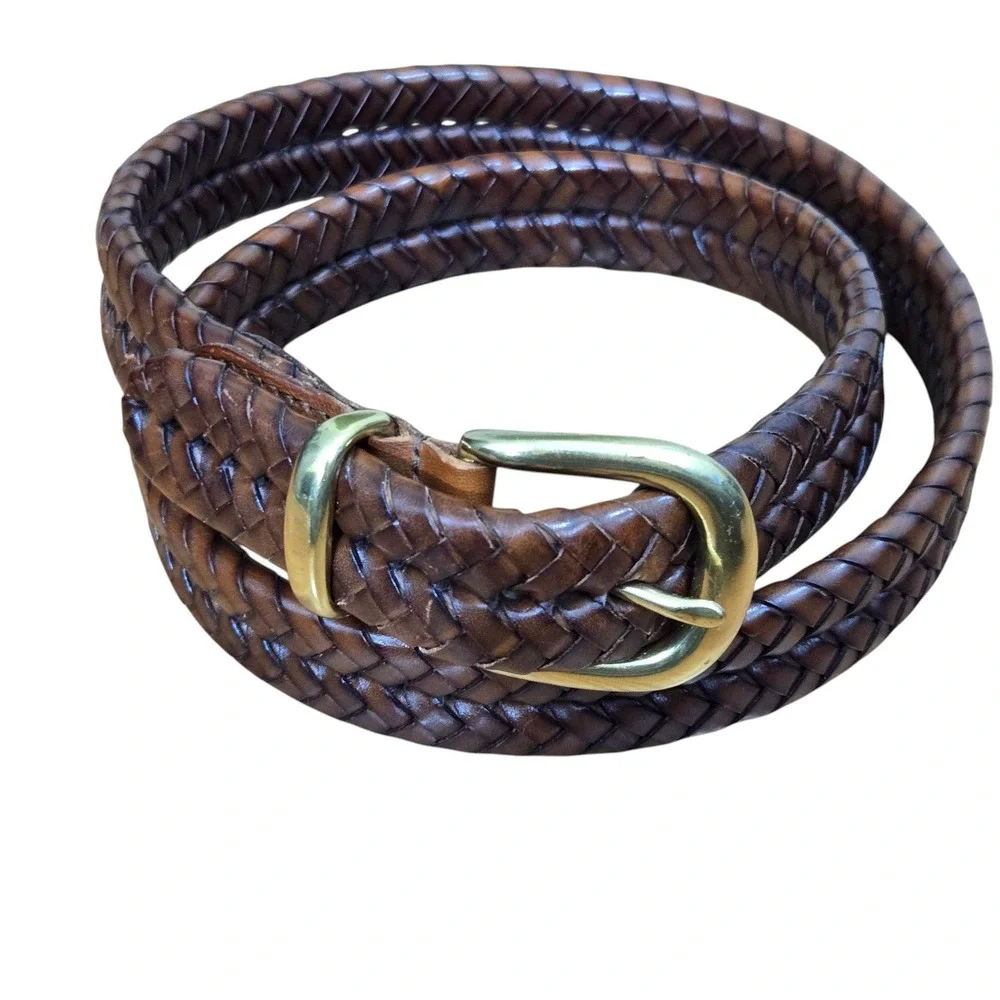 Coach Braided Belt Mens 38 Dark Brown Woven Leather Solid Brass buckle 5922